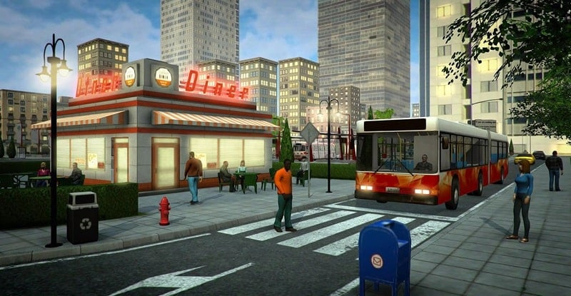 alt text: Hình ảnh trong game Bus Simulator PRO 2 mod apk, hiển thị cảnh xe buýt đang di chuyển vào ban đêm.