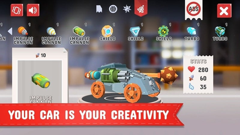 alt text: Hình ảnh trong game Cars Clash 3D cho thấy một chiếc xe chiến đấu được trang bị vũ khí hạng nặng