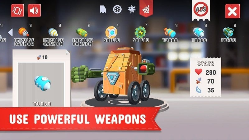 alt text: Hình ảnh trong game Cars Clash 3D hiển thị các loại vật liệu và linh kiện để chế tạo xe chiến đấu