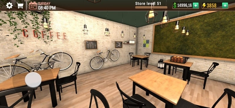 A bicycle used as decoration inside the cafe in the game.