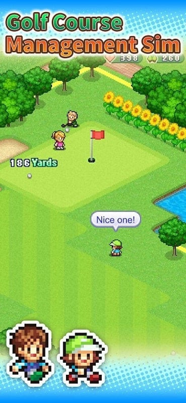 alt text: Hình ảnh trong game Forest Golf Planner phiên bản MOD, cho thấy người chơi có thể xây dựng và tùy chỉnh sân golf với nhiều tiện ích khác nhau.