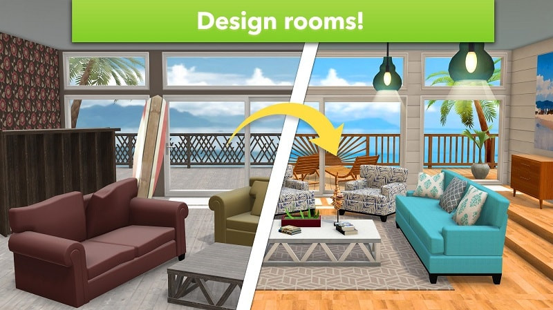 alt text: Hình ảnh trong game Home Design Makeover, người chơi đang tương tác với khách hàng để nắm bắt nhu cầu thiết kế