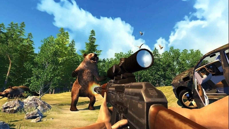 alt text: Hình ảnh trong game Hunting Simulator 4x4 cho thấy người chơi đang ngắm bắn con mồi bằng súng trường