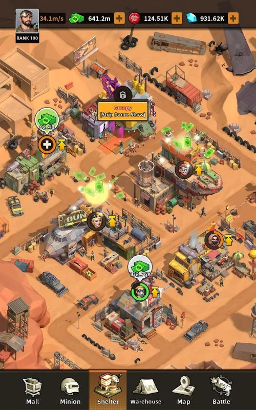 In-game screenshot of Idle Wasteland Criminal Empire, displaying buildings and characters