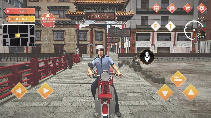 alt text: Hình ảnh trong game Japan Postman Moto Simulator, người chơi đang lái xe máy trên đường phố