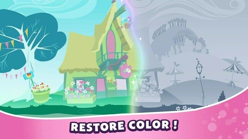 Alt text: Hình ảnh trong game My Little Pony Rainbow Runners với cảnh vương quốc ngựa Pony