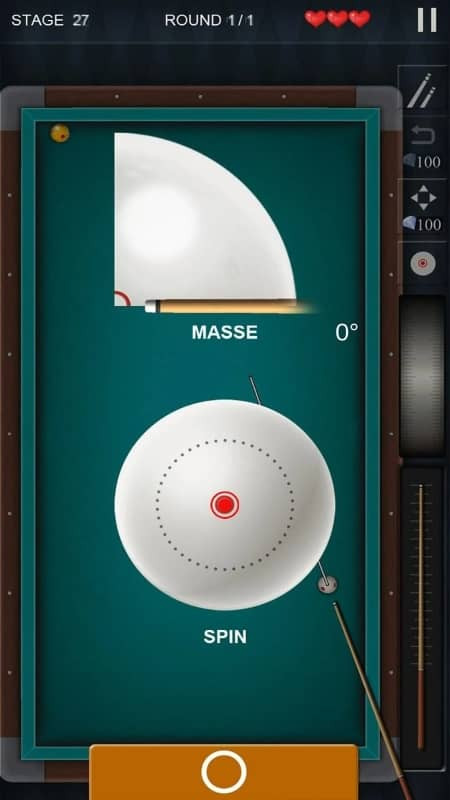 alt text: Hình ảnh trong game Pro Billiards 3balls 4balls hiển thị góc nhìn của người chơi khi ngắm bắn