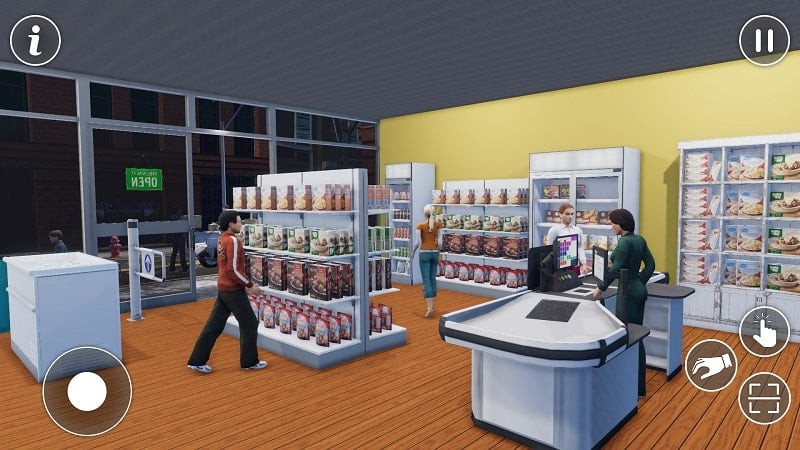 Products on shelves in Supermarket Cashier Games 3D