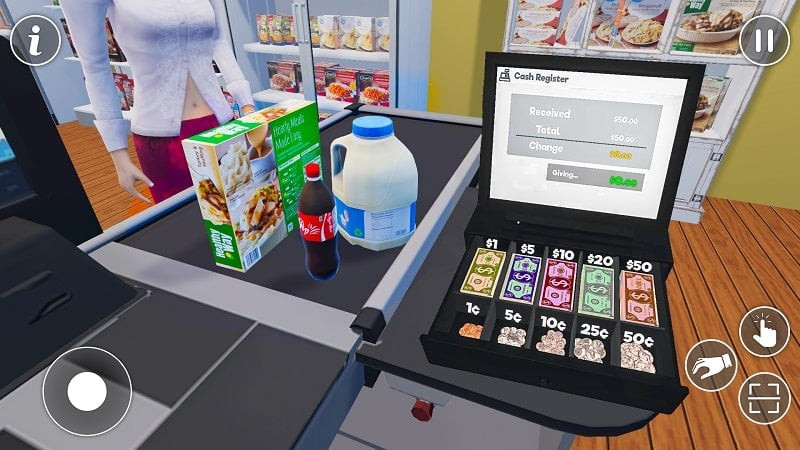 alt text: Hình ảnh trong game Supermarket Cashier Games 3D cho thấy khách hàng đang xếp hàng chờ thanh toán