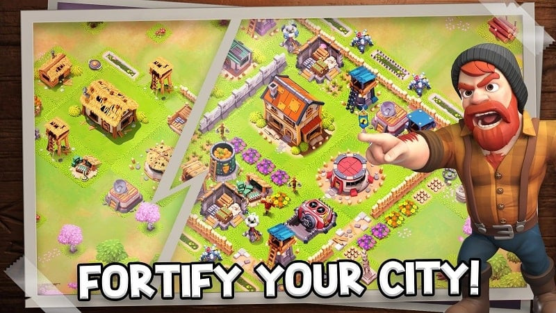 alt text: Hình ảnh trong game Survival City MOD APK, cho thấy cảnh người chơi xây dựng và bảo vệ căn cứ của mình khỏi sự tấn công của zombie.