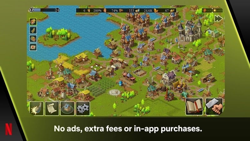 alt text: Hình ảnh trong game Townsmen A Kingdom Rebuilt, người chơi đang khai thác tài nguyên như gỗ và đá