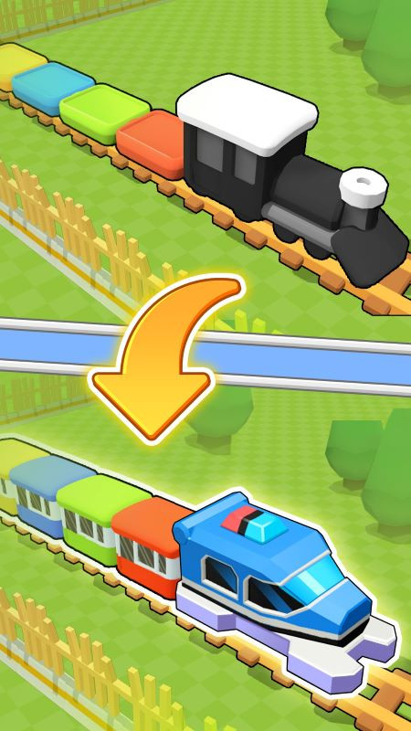 alt text: Hình ảnh trong game Train Tycoon: Idle Defense hiển thị giao diện chơi và đoàn tàu đang di chuyển.