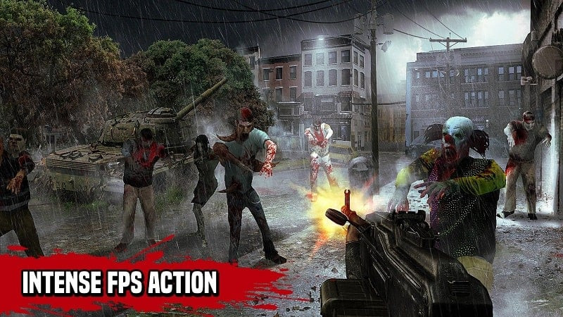 alt text: Hình ảnh trong game Zombie Hunter Sniper, cho thấy nhân vật đang ngắm bắn zombie bằng súng.