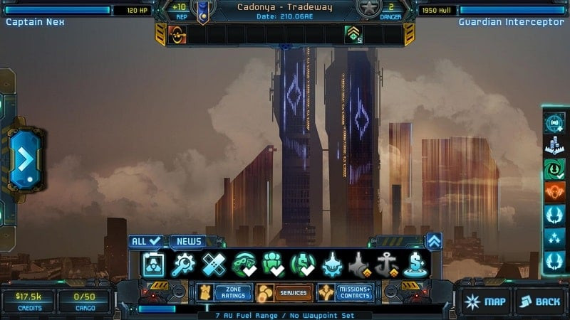 alt text: Hình ảnh trong Star Traders: Frontiers cho thấy các tùy chọn tùy chỉnh tàu vũ trụ