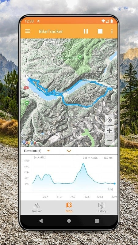 Bike Tracker app on a phone, displaying a map and cycling metrics.