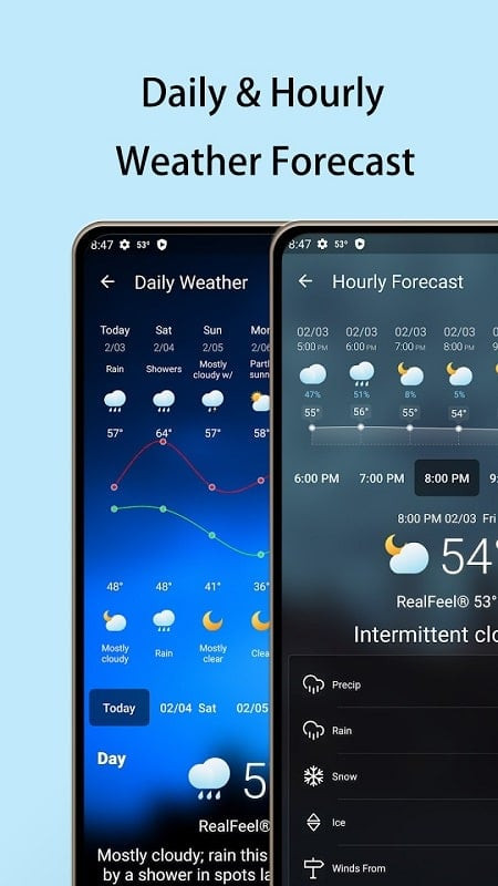 Local Weather Forecast app on a phone, displaying hourly weather forecast with icons for sun, rain, and clouds.