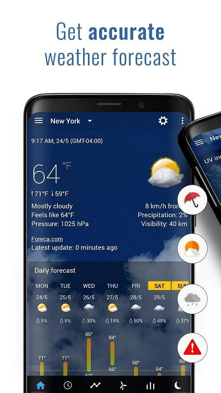 Transparent Clock & Weather Pro app with dynamic backgrounds that change according to the current weather.