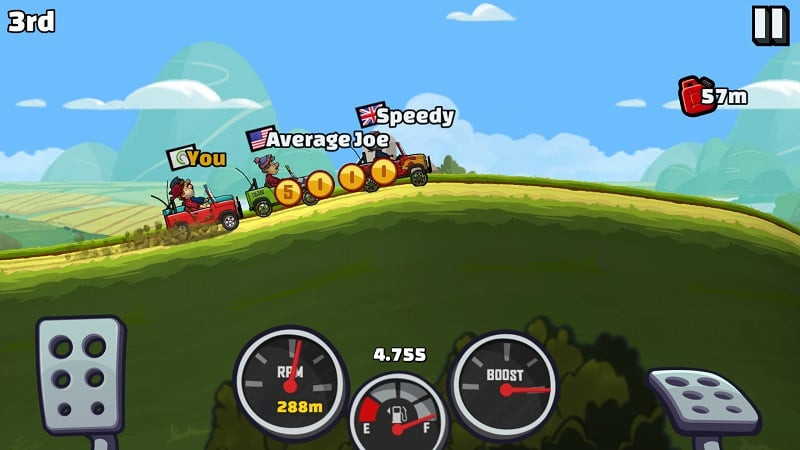 A race car in Hill Climb Racing 2 navigating a bumpy road