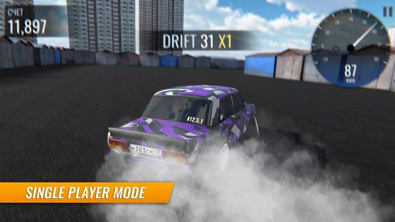 alt text: Hình ảnh xe đua trong Russian Car Drift đang drift, thể hiện kỹ năng điều khiển xe.