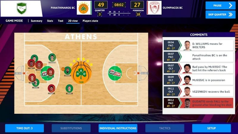 Coach giving tactical instructions to players in iBasketball Manager 23