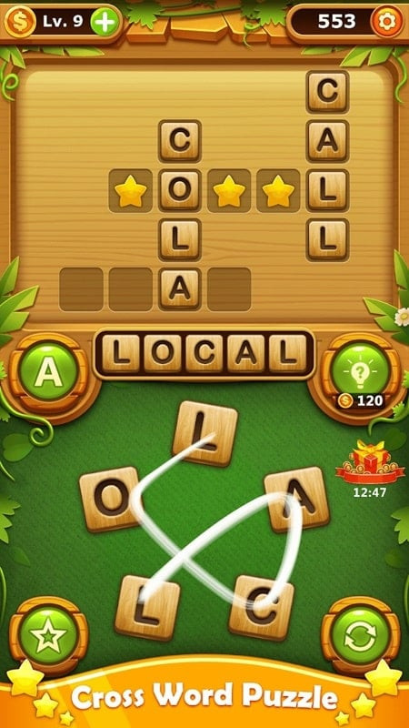 Word Cross Puzzle gameplay with a partially solved crossword and hint letters below.