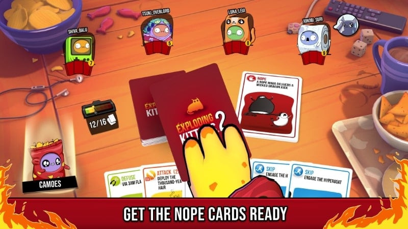 alt text: Màn hình chơi game Exploding Kittens 2 với hiệu ứng nổ