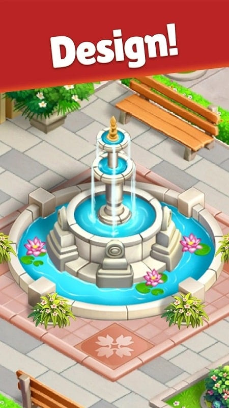 alt text: Màn hình chơi game Garden Design Makeover với các vật phẩm được sắp xếp