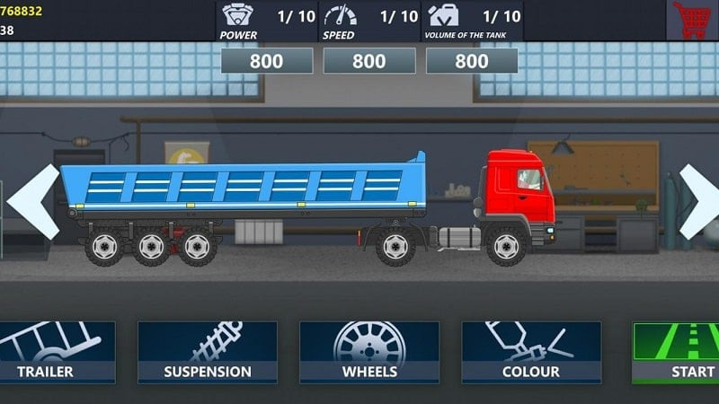 alt text: Màn hình chơi game Trucker Real Wheels Simulator với hình ảnh xe tải đang vượt địa hình