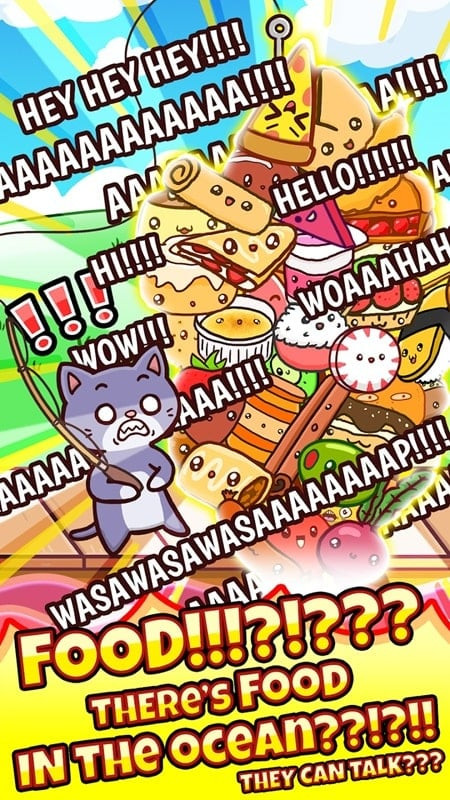 Fishing Food gameplay screen showing the cat and various food items