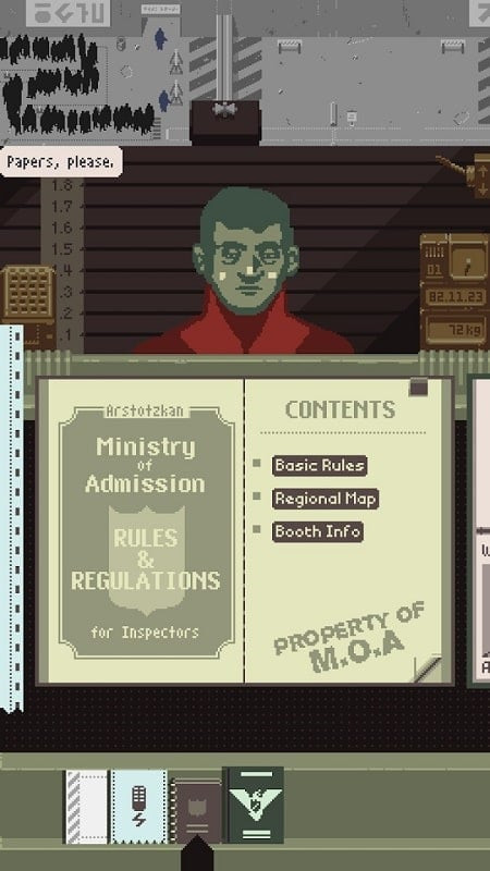 alt text: Màn hình game Papers, Please hiển thị cận cảnh một tờ giấy thông hành với ảnh và thông tin cá nhân.