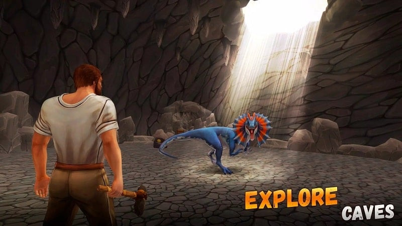 alt text: Màn hình game Survival Island 2: Dinosaurs, người chơi đang xây dựng nhà