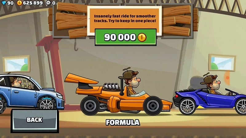 Hill Climb Racing 2 gameplay screenshot showcasing the user interface and racing terrain