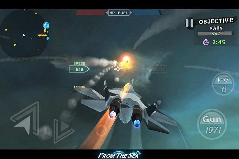 A fighter jet in FROM THE SEA MOD APK fires a missile.