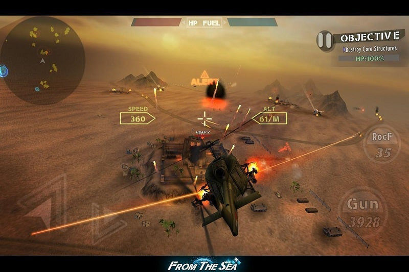 A fighter jet in FROM THE SEA MOD APK flies over a desert.