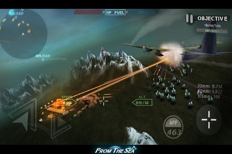 A fighter jet in FROM THE SEA MOD APK attacks a military base.