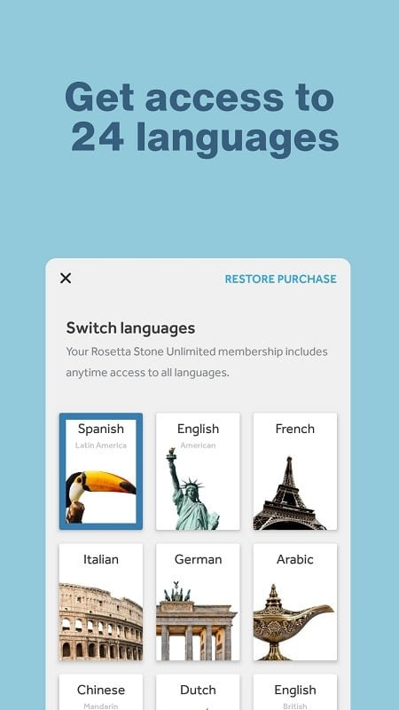 Rosetta Stone topic selection interface