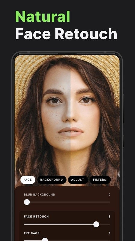 Lensa Photo Editor's portrait retouching feature, removing blemishes and smoothing skin.