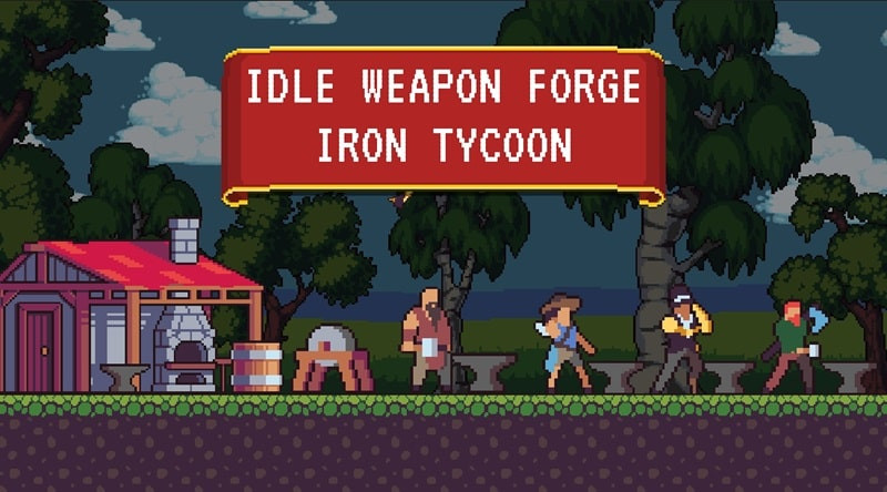 alt text mô tả hình ảnh: Giao diện game Idle Weapon Forge với lò rèn và các loại vũ khí