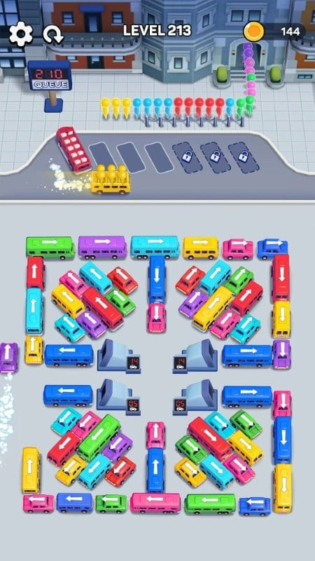 A circular parking lot in Bus Out with cars arranged in a star pattern, creating a difficult challenge for the player.