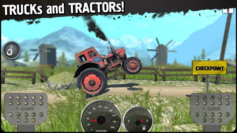 alt text: Một chiếc xe địa hình đang vượt qua một con dốc cao trong game Off-Road Travel MOD