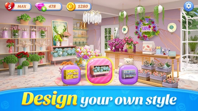 alt text: Một khách hàng đang mua hoa tại tiệm hoa trong game Flower Shop Makeover, thể hiện hoạt động kinh doanh sôi nổi.