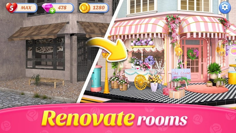 alt text: Một màn chơi match-3 trong Flower Shop Makeover, với các ô vuông chứa hình ảnh hoa, lá và các vật dụng trang trí.