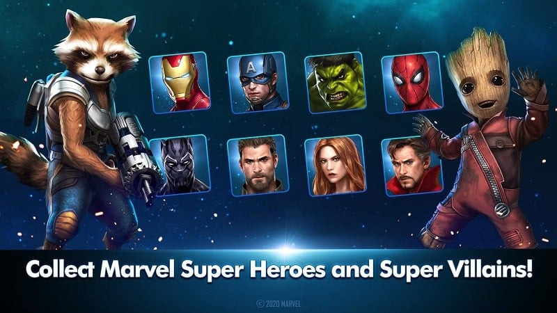 A cutscene from Marvel Future Fight introducing heroes and villains