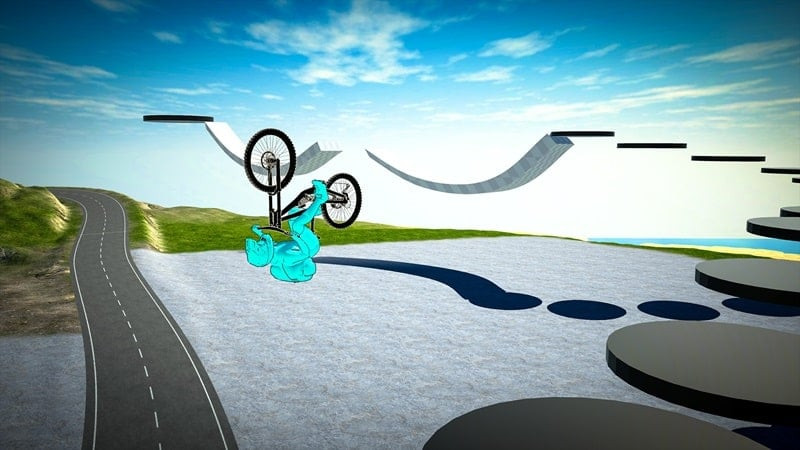 A player maneuvering a bike through obstacles on a track. The setting is a rugged mountainous area.