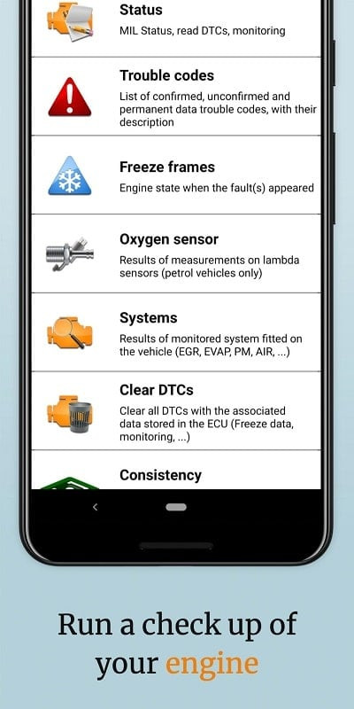 User using the EOBD Facile app on their phone to check their car