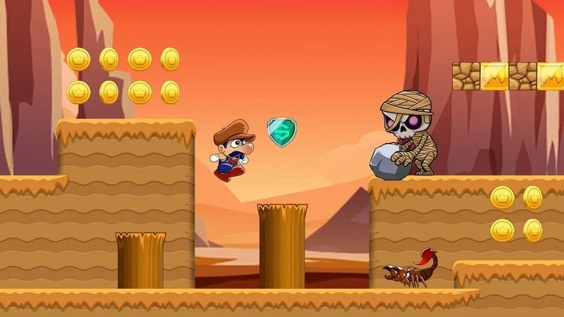 Bino in Super Bino Go MOD APK shooting fireballs at an enemy.