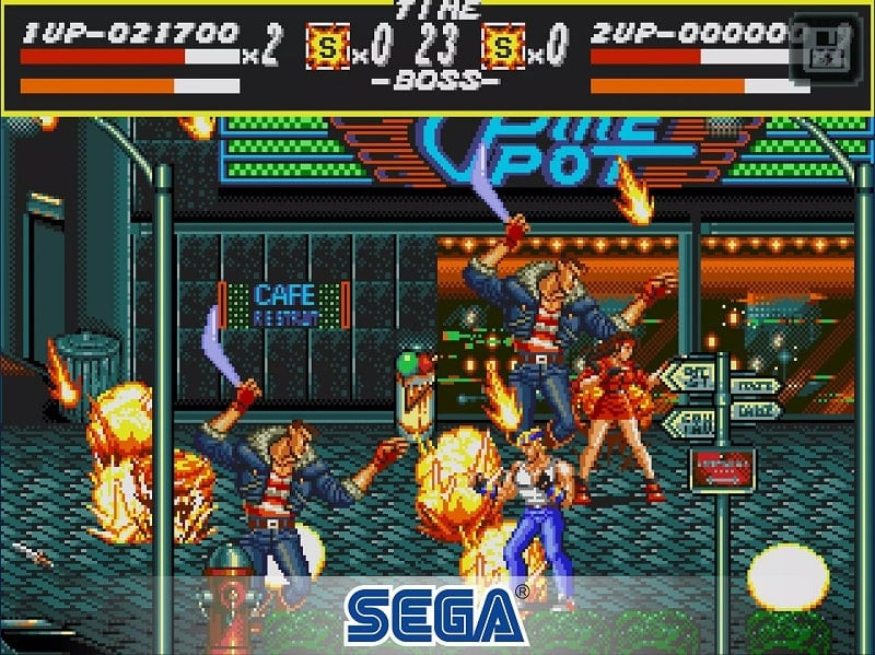 alt text: Nhân vật chính sử dụng vũ khí để chiến đấu với kẻ địch trong Streets of Rage Classic.