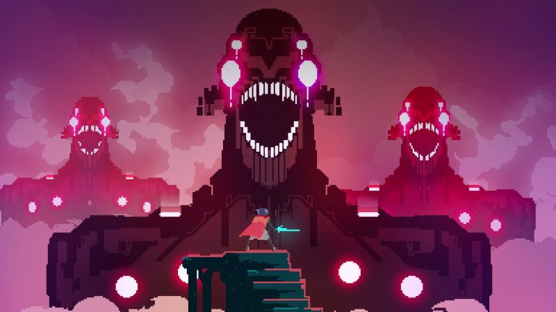 Hyper Light Drifter: Character battling enemies in a lush forest