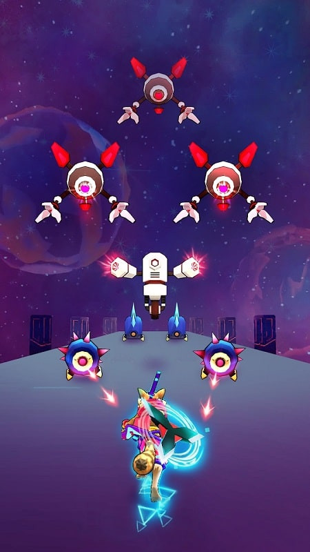 alt text: Nhân vật ninja đang chạy và né tránh chướng ngại vật trong game Galaxy Ninja: Amaze 3D Runner