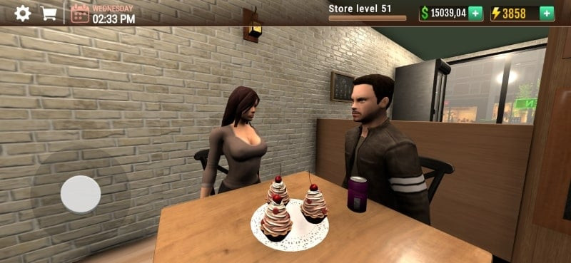 The game character preparing a beverage inside the cafe.